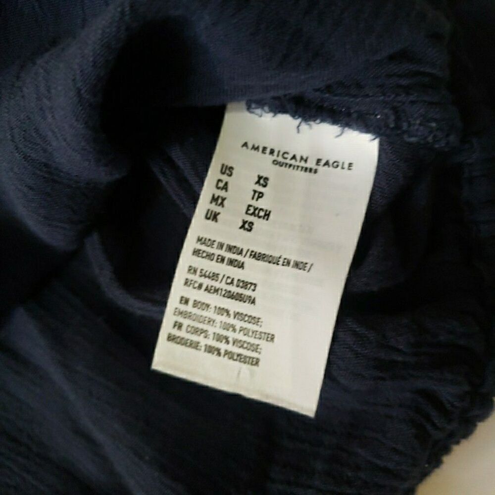American Eagle Boho Embroidered Tie Neck Top Long Sleeve Semi Sheer Navy Blue XS - Picture 6 of 8